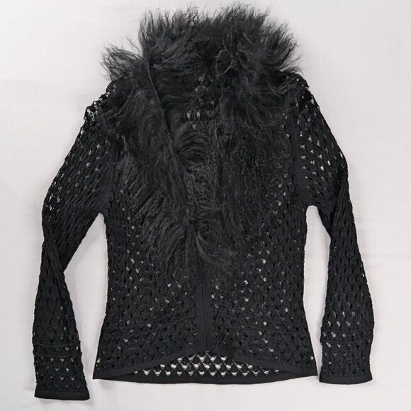 VTG Guess Collection Black Crochet Open Knit Faux Fur Curly Trim Cardigan Y2k - Picture 3 of 8